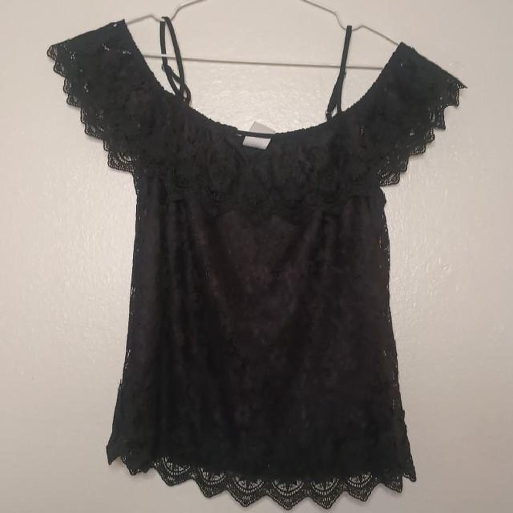 Dark Romantic Black Lace Off The Shoulder Spaghetti Strap Top S-M Whimsigoth
